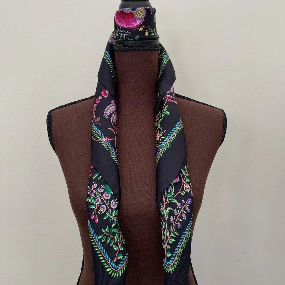 Display #2 Gucci Floral Black Green Multicolor Flora Silk Scarf Wrap